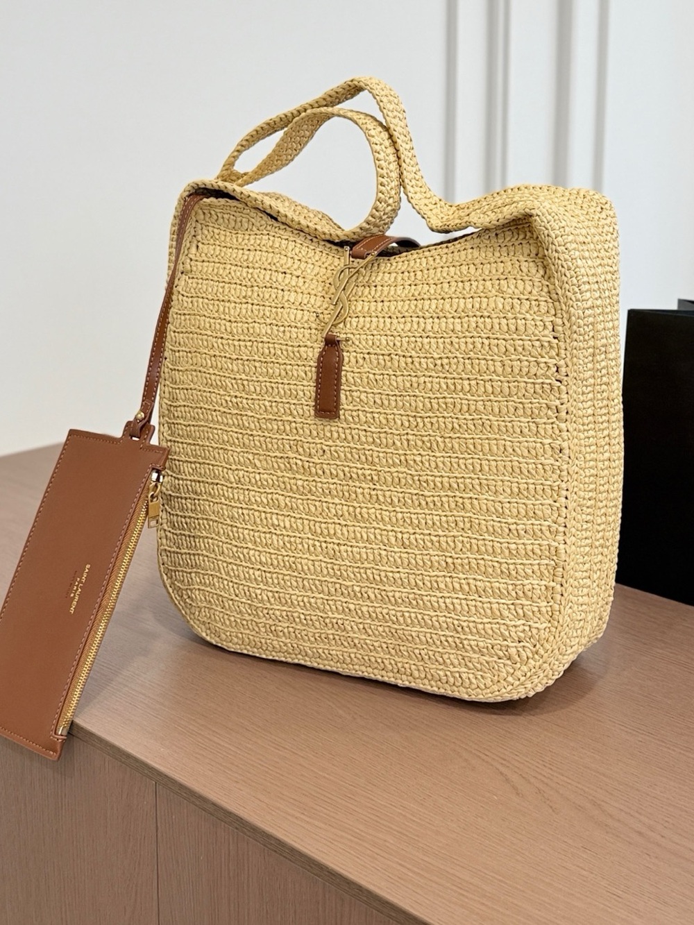 Yves Saint Laurent Natural Straw Tote with Tan Leather Pouch